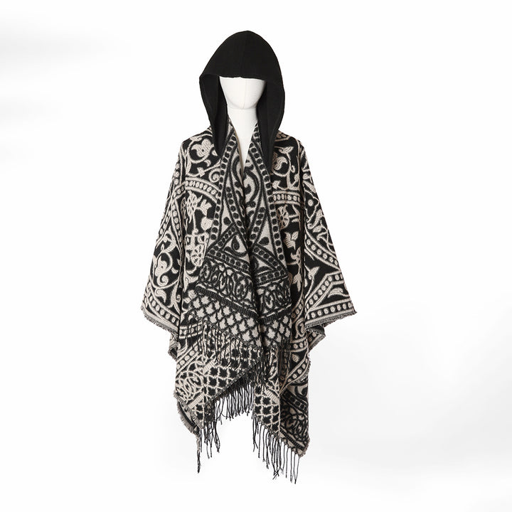 Damen Kapuzen‑Capeponcho aus Wollmix mit Jacquardmuster, Fransen und Oversize‑Fall Drune