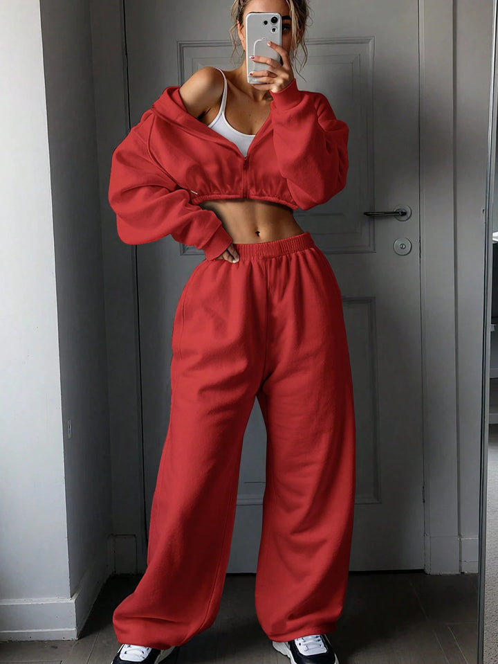 Damen athletisches Cropped-Zip-Hoodie und weite High-Waist Lounge-Jogginghose Drune