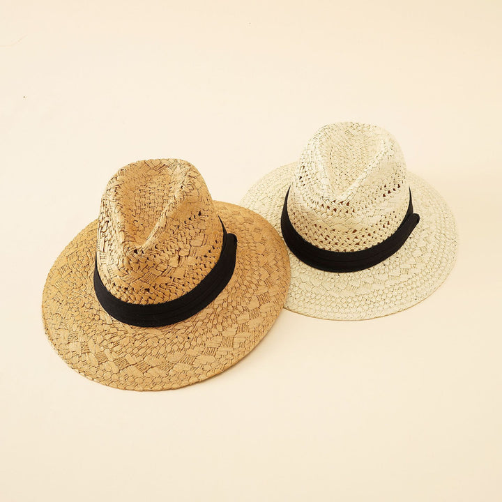 Damen Strohhut im klassischen Fedora-Stil mit breiter Krempe und elegantem Band Drune