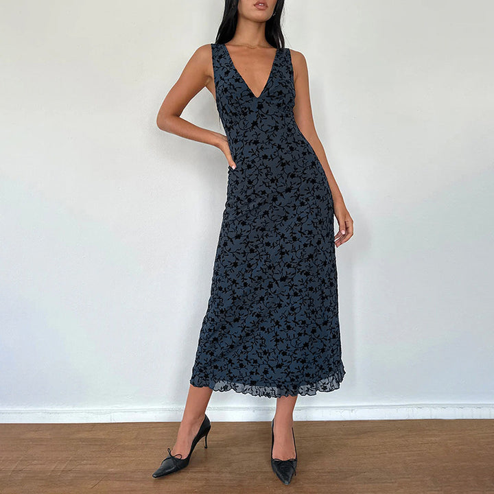 Damen Maxikleid mit tiefem V-Ausschnitt und floralem Spitzenmuster Drune
