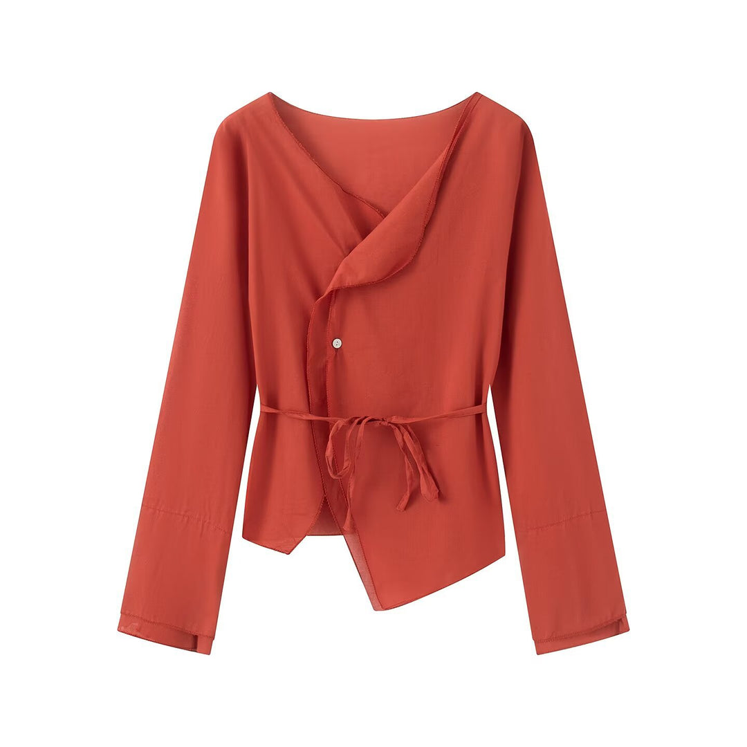 Damen Wickelbluse mit asymmetrischer Vorderseite, V‑Ausschnitt und Bindegürtel Drune