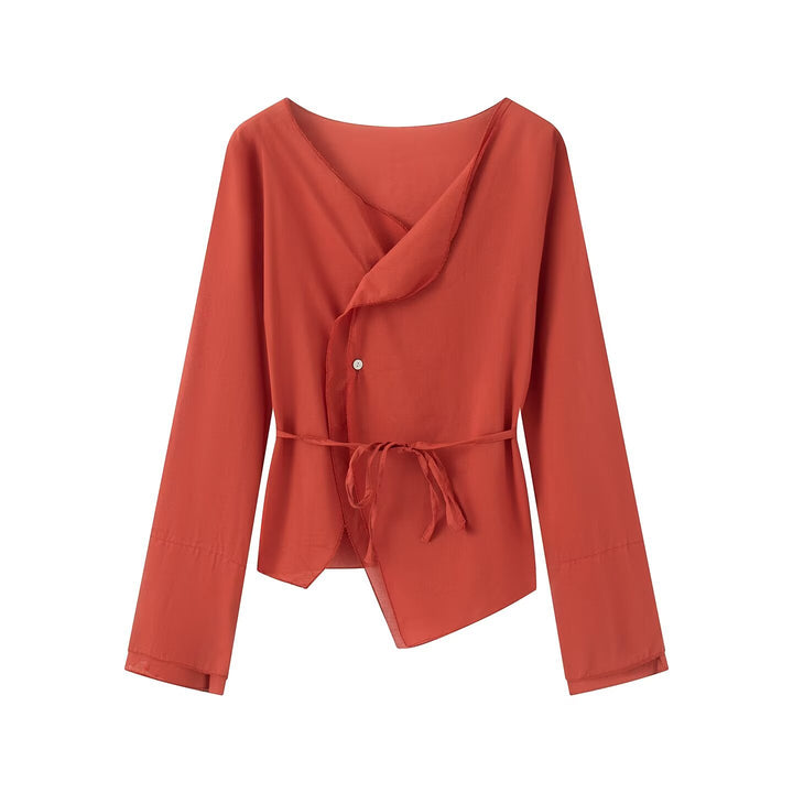 Damen Wickelbluse mit asymmetrischer Vorderseite, V‑Ausschnitt und Bindegürtel Drune