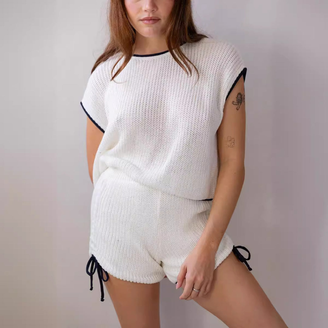 Damen Strickshorts-Set mit kontrastierenden Details und lockerem Schnitt Drune