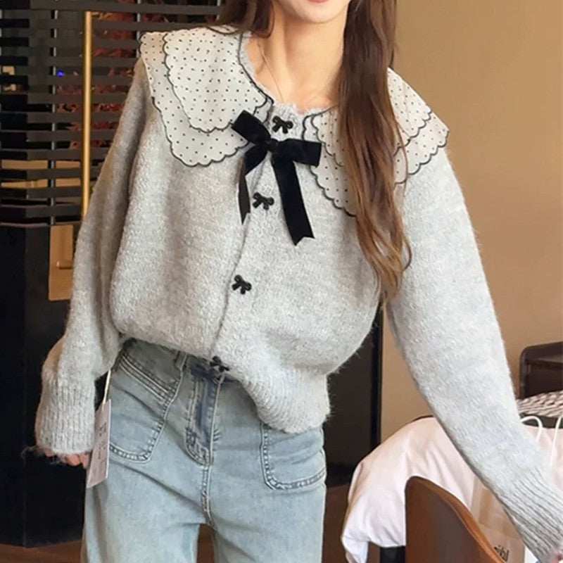 Damen Strickjacke mit nostalgischem Kragen und Schleifenverzierung Drune
