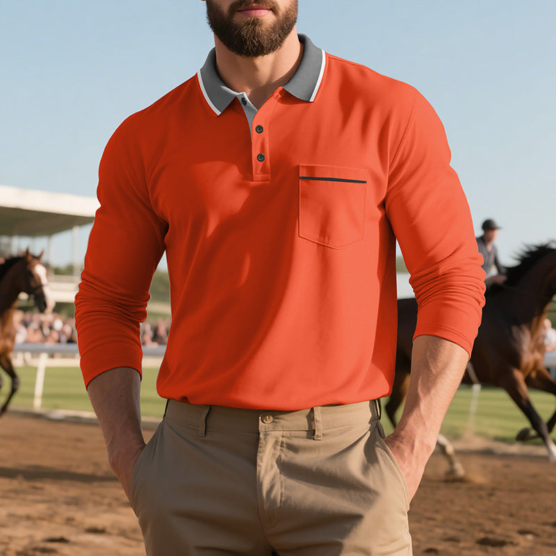 Herren nan langärmeliges Polohemd mit Kontrastkragen, Brusttasche und feinem Baumwollstretch Drune