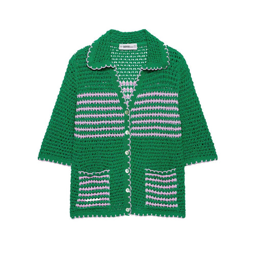 Damen Häkelstrickjacke mit kurzem Arm, Knopfleiste und Vintage-Kragen Drune