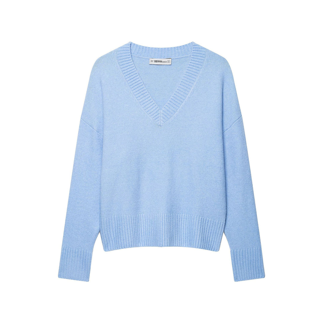 Damen Weicher V‑Ausschnitt Strickpullover im Oversize‑Cropped‑Look mit breitem Rippbund Drune