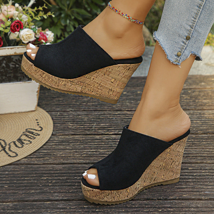 Damen Wedge-Pantoletten aus samtigem Material mit Korksohle Drune
