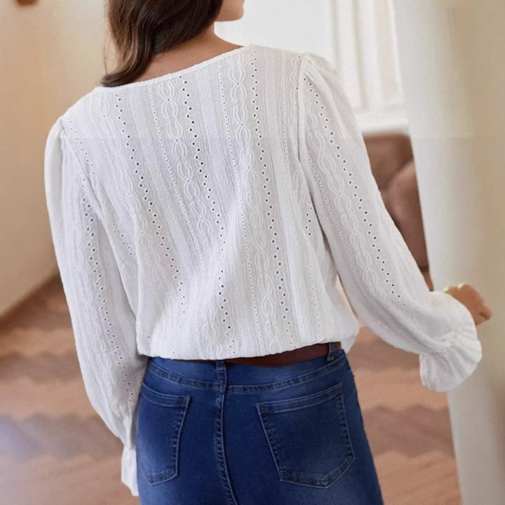 Damen elegante Bluse mit Rüschendetails und Lochstickerei Drune