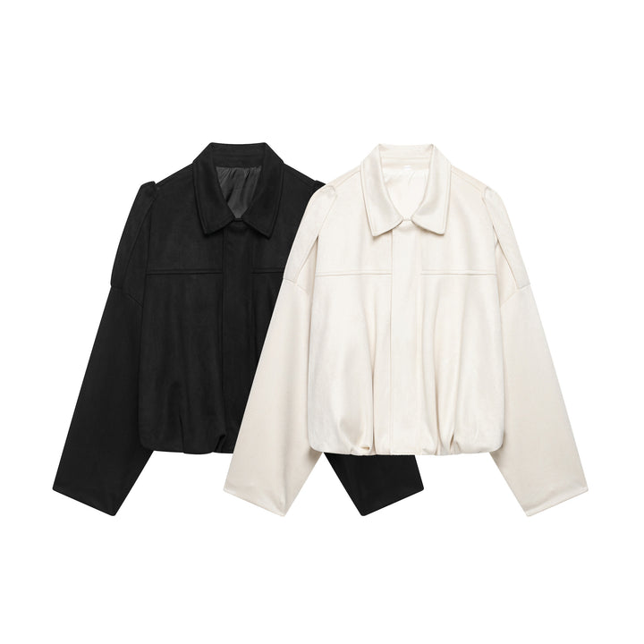 Damen Cropped-Boxy-Jacke aus Veloursoptik mit Hemdkragen, weiten Raglanärmeln und Tunnelzug Drune