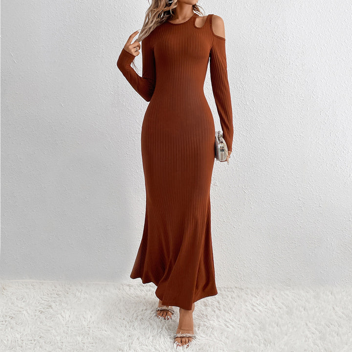 Damen geripptes Meerjungfrauen-Maxikleid mit Cold-Shoulder Cutouts, sculptender Passform und ausgestelltem Saum Drune
