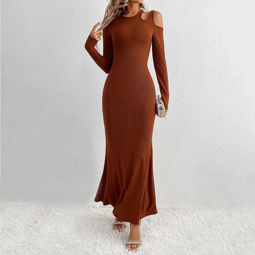 Damen geripptes Meerjungfrauen-Maxikleid mit Cold-Shoulder Cutouts, sculptender Passform und ausgestelltem Saum Drune