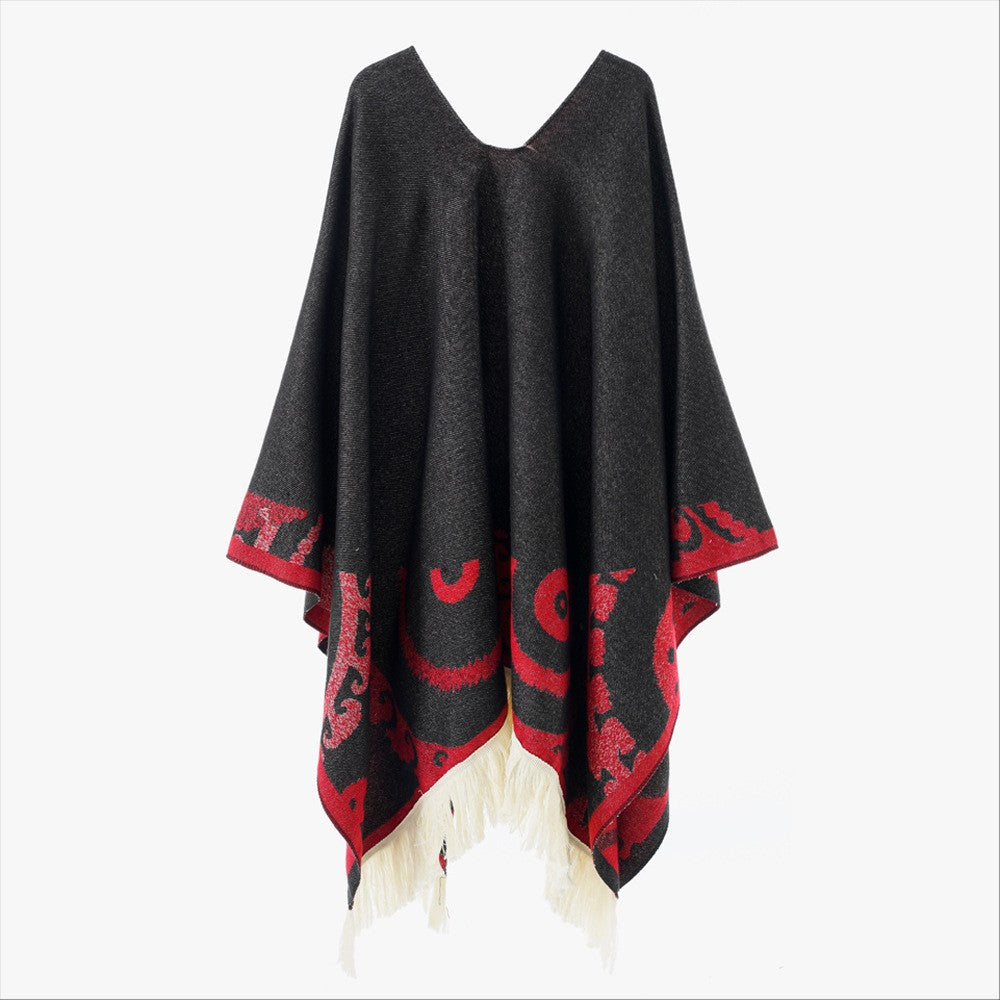 Damen Ornamentaler Jacquard‑Poncho mit V‑Ausschnitt und Fransensaum Drune