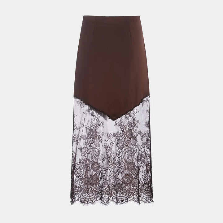 Damen nan Satinrock mit Spitzen-Overlay und asymmetrischem Zipfelsaum Drune