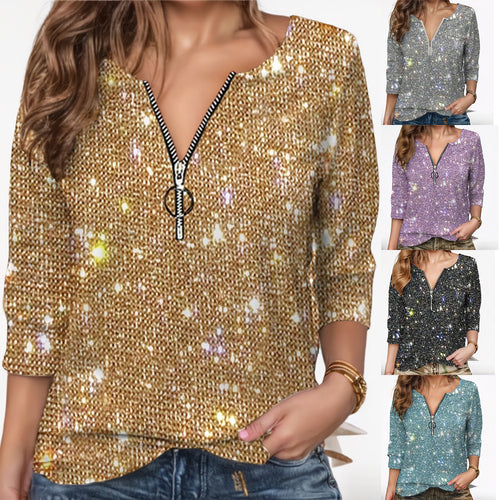 Damen Glitzernde Zip-Bluse mit 3/4-Ärmeln Drune