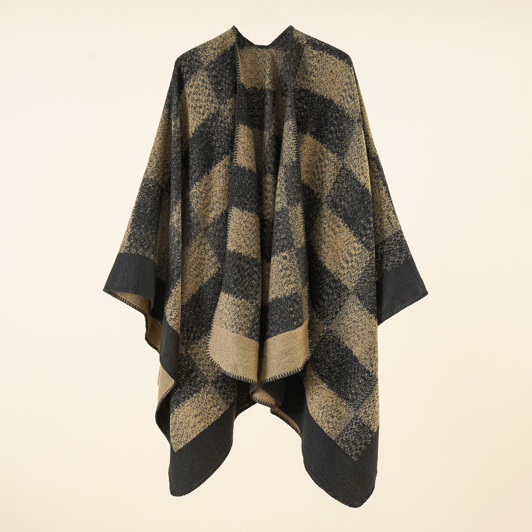 Damen Vielseitiger Wollmix-Überwurf im kastigen Kimono-Fall mit großflächigem Karojacquard Drune