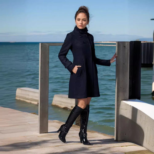 Damen Taillierter Wollmix-Mantel mit hohem Stehkragen und A-Linien-Silhouette Drune