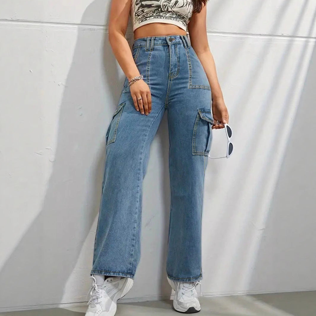 Damen hochtaillierte weite Cargo-Jeans mit aufgesetzten Taschen und geradem Bein Drune