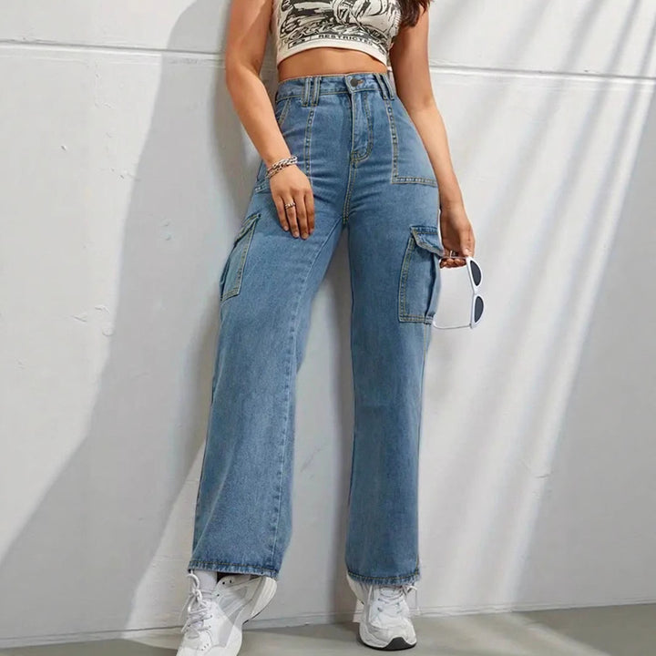 Damen hochtaillierte weite Cargo-Jeans mit aufgesetzten Taschen und geradem Bein Drune