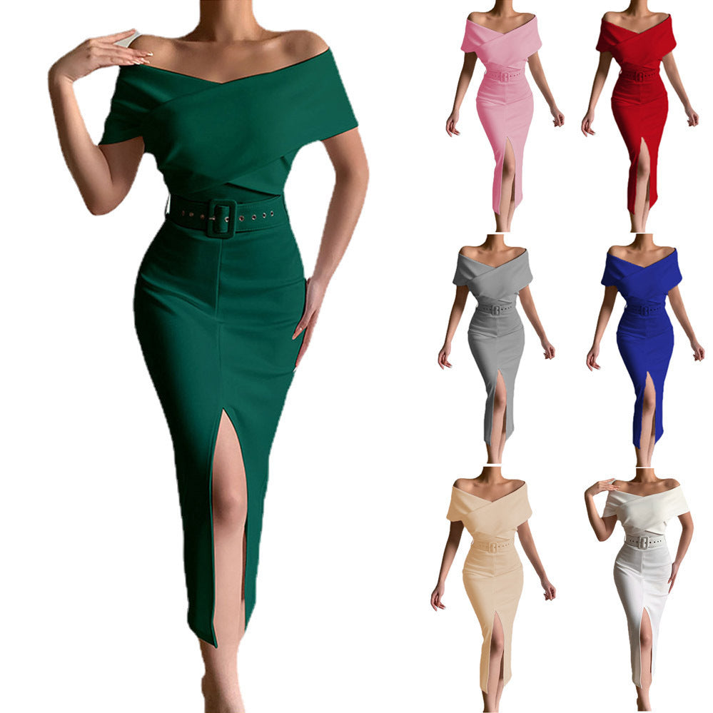 Damen Off-Shoulder Maxikleid mit Taillengürtel und seitlichem Schlitz Drune