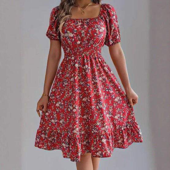 Damen sommerliches Blumenkleid mit Puffärmeln und Rüschensaum Drune
