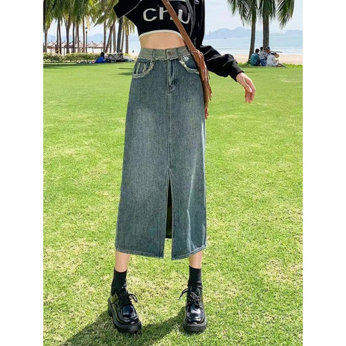 Damen Langer Denim-Rock mit hoher Teilung Drune