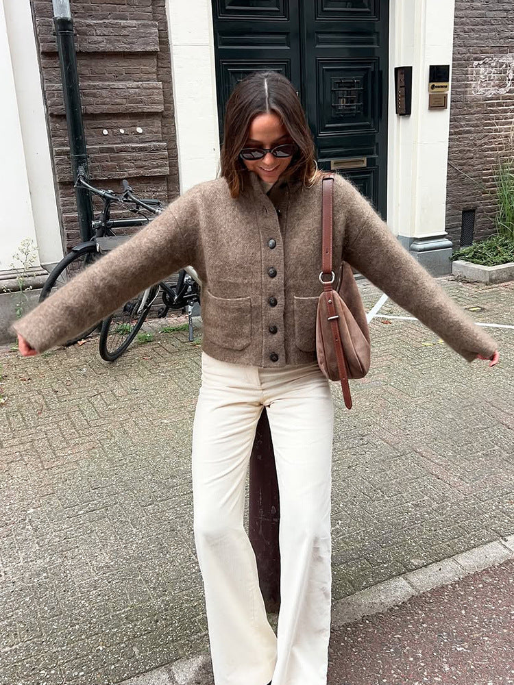 Damen Kurzjacke aus flauschigem Mohair‑Mix mit Knopfleiste & aufgesetzten Taschen Drune