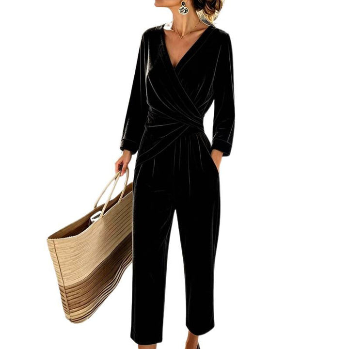 Damen Samt-Jumpsuit mit Wickeloberteil, taillierter Drapierung und weitem knöchellangem Bein Drune