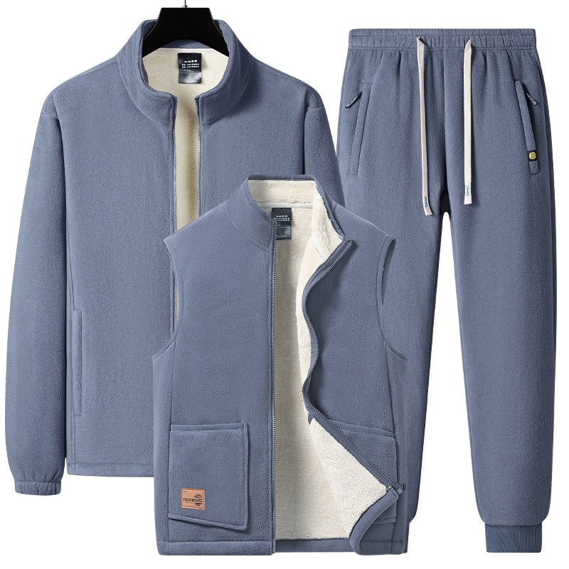 Herren dreiteiliges Fleece-Set mit wattierter Weste, Stehkragenjacke und Jogginghose Drune