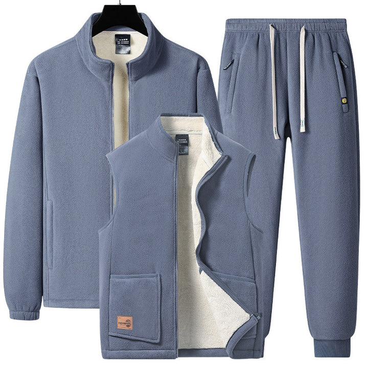 Herren dreiteiliges Fleece-Set mit wattierter Weste, Stehkragenjacke und Jogginghose Drune