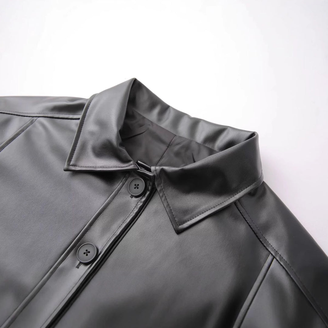 Damen nan oversized Kunstleder-Hemdjacke mit Hemdkragen, durchgehender Knopfleiste und aufgesetzten Eingrifftaschen Drune