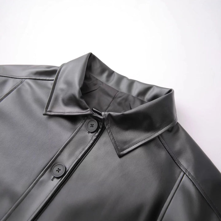 Damen nan oversized Kunstleder-Hemdjacke mit Hemdkragen, durchgehender Knopfleiste und aufgesetzten Eingrifftaschen Drune