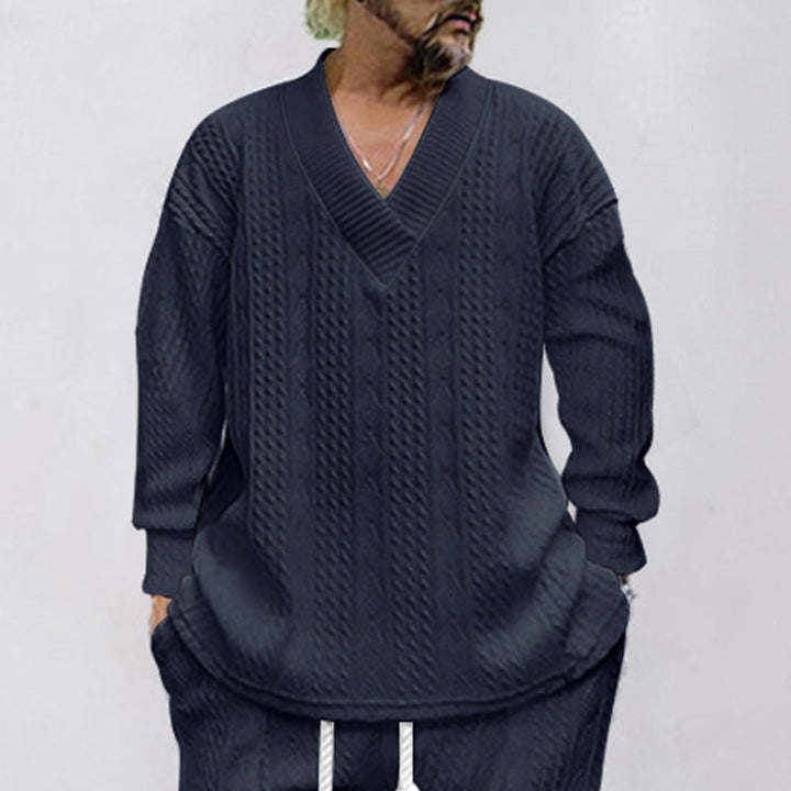 Herren Oversize-Zopfmuster-Pullover mit tiefem V-Ausschnitt Drune