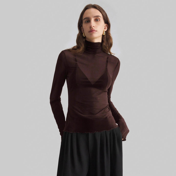 Damen nan feines transparentes Mesh-Langarmtop mit Rollkragen und figurbetonter Passform Drune