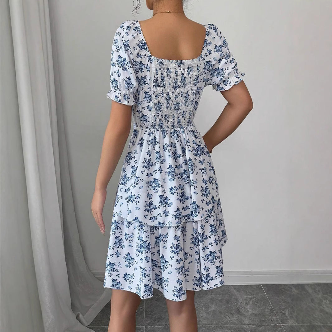 Damen Blütenprint Minikleid mit voluminösen Puffärmeln und schwingendem Saum Drune