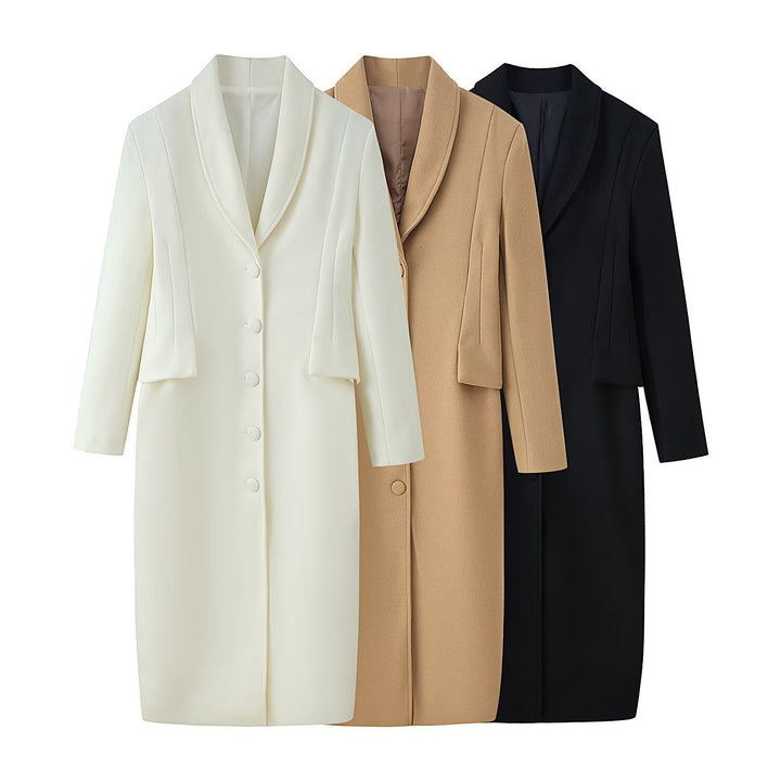 Damen Taillierter Longline-Wollmix-Mantel mit Schalkragen und verdeckter Knopfleiste Drune