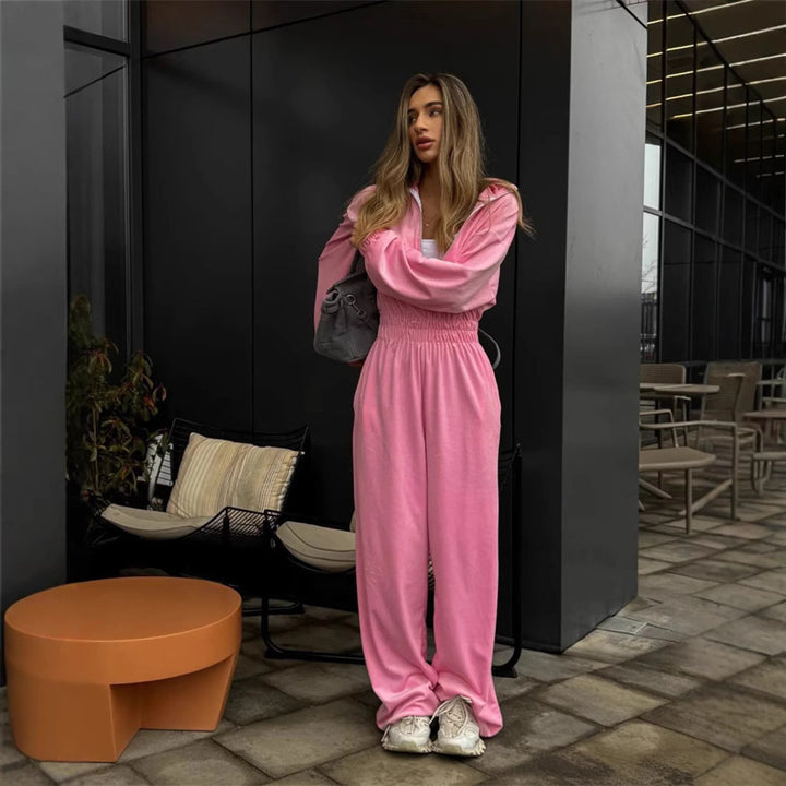 Damen Velours-Overall mit Reißverschluss, elastischem Taillenbund und weitem Palazzo-Bein Drune
