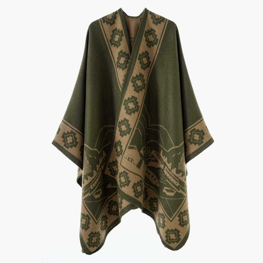 Damen Jacquard‑Strickponcho mit offenem Fall und Bordüren‑Detail Drune
