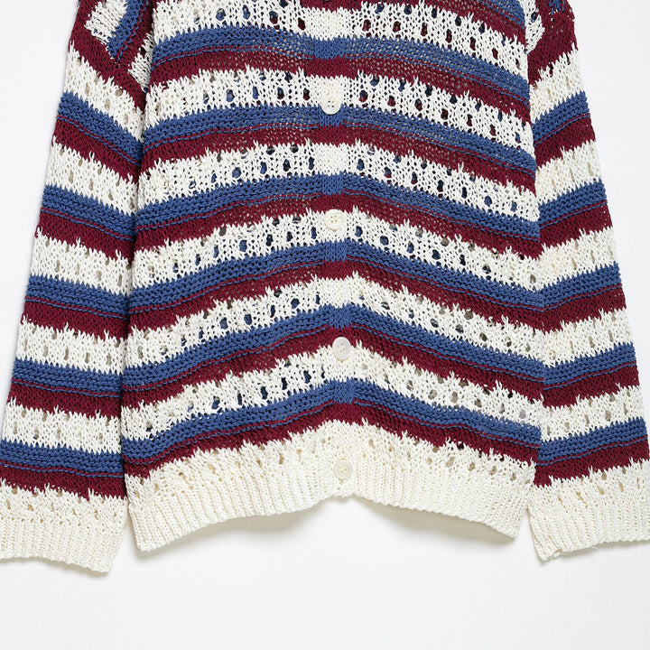 Damen Gehäkelter Cropped-Strickcardigan mit Lochstrick, Kontraststreifen und Perlmuttknöpfen Drune