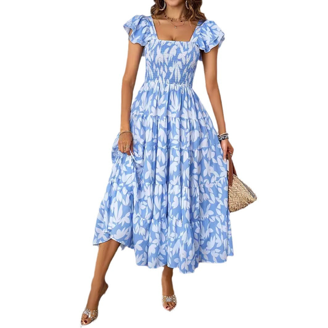 Damen Maxikleid mit voluminösen Rüschendetails und schwingendem Rock Drune