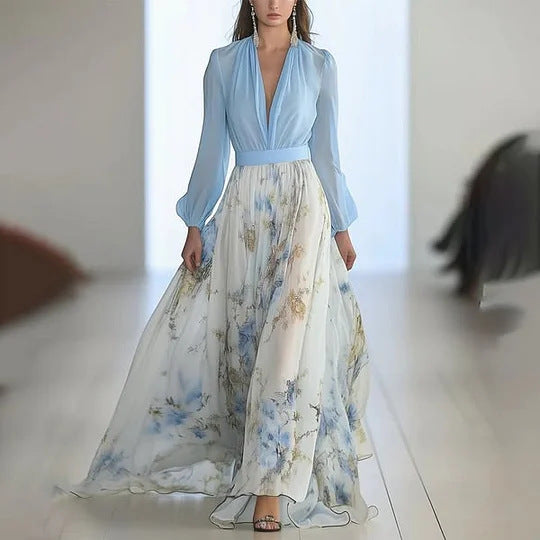 Damen Elegantes Maxikleid mit v-ausschnitt und fließendem Rock Drune