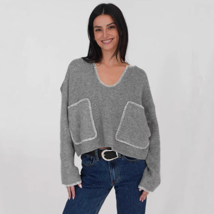 Damen gemütlicher Cropped Pullover mit asymmetrischem Design und praktischen Taschen Drune