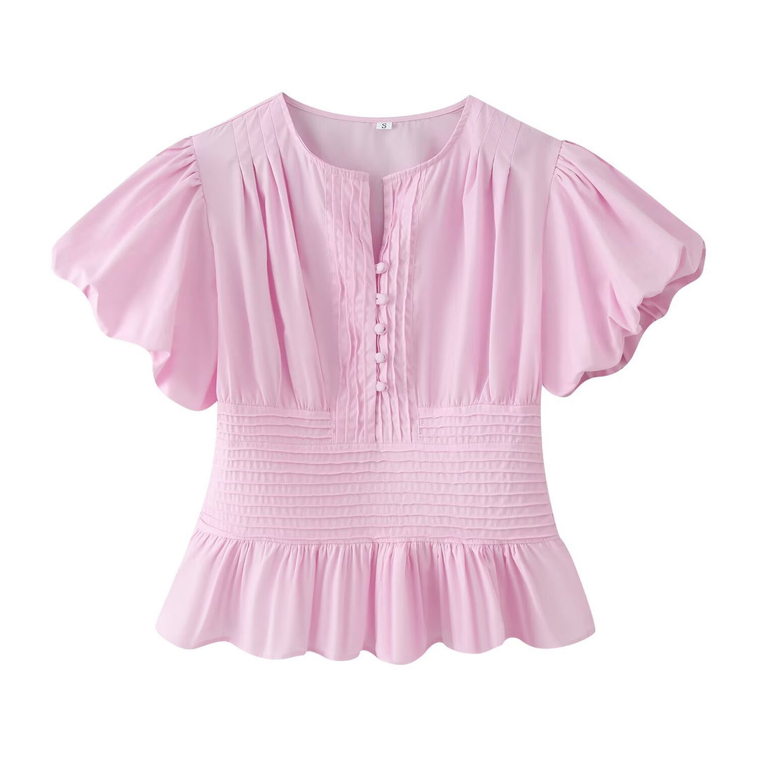 Damen Romantische Bluse mit Puffärmeln, Kellerfalten‑Blende und gesmokter Taille Drune