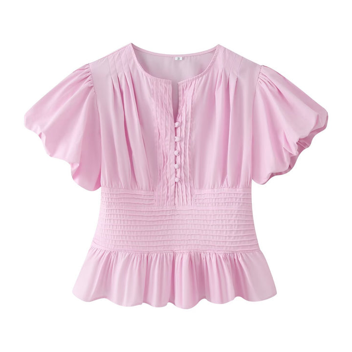 Damen Romantische Bluse mit Puffärmeln, Kellerfalten‑Blende und gesmokter Taille Drune
