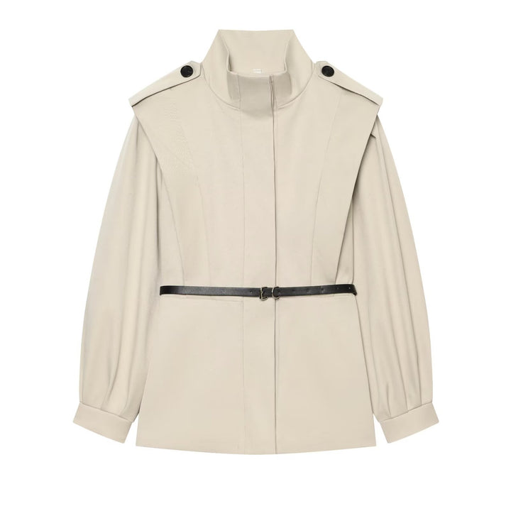 Damen Cape-ähnliche Manteljacke mit Stehkragen, Schulterklappen und Taillengürtel Drune