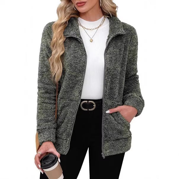 Damen nan kuschelige Teddy-Fleecejacke mit durchgehendem Reißverschluss, Stehkragen und seitlichen Eingrifftaschen Drune