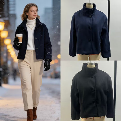 Damen Boxy-Kurzjacke mit hohem Stehkragen und verdeckter Knopfleiste Drune