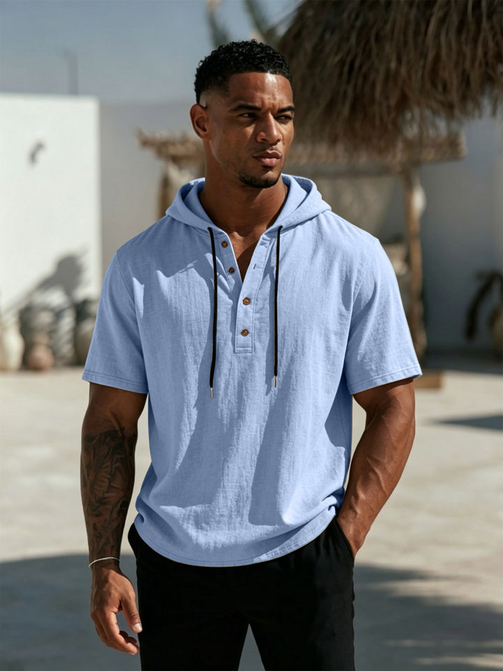 Herren Kurzarm-Hoodie-Henley aus Leinenoptik mit Knopfleiste Drune