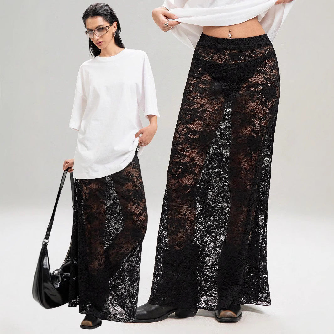 Damen nan weites Baumwollshirt und langer transparenter Spitzenrock Drune