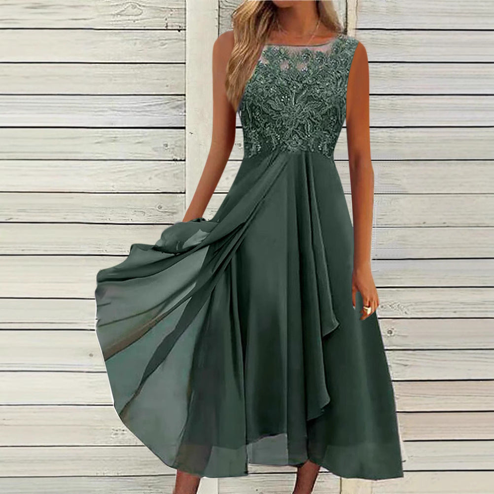 Damen nan ärmelloses Chiffon-Midikleid mit bestickter Illusionsspitze, Schiff-Ausschnitt und mehrlagigem Schwingrock Drune